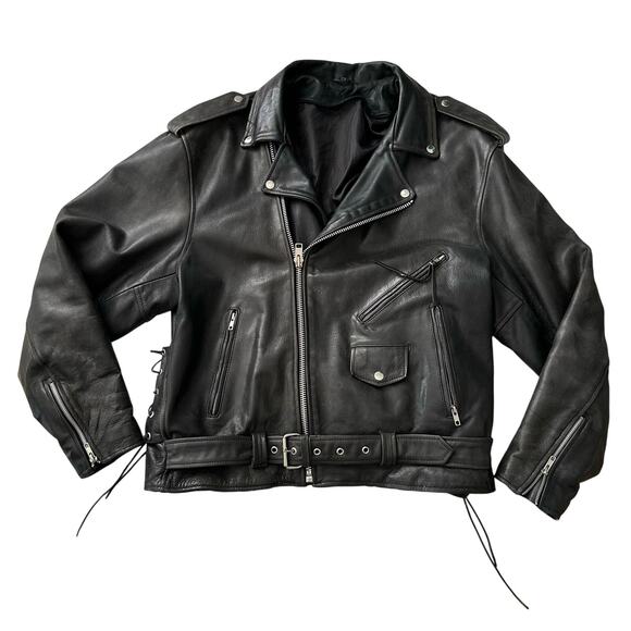 Echtes Leder VTG Biker Moto Belted Lined Distressed‎ Black Leather Jacket 52 XL - Picture 1 of 14